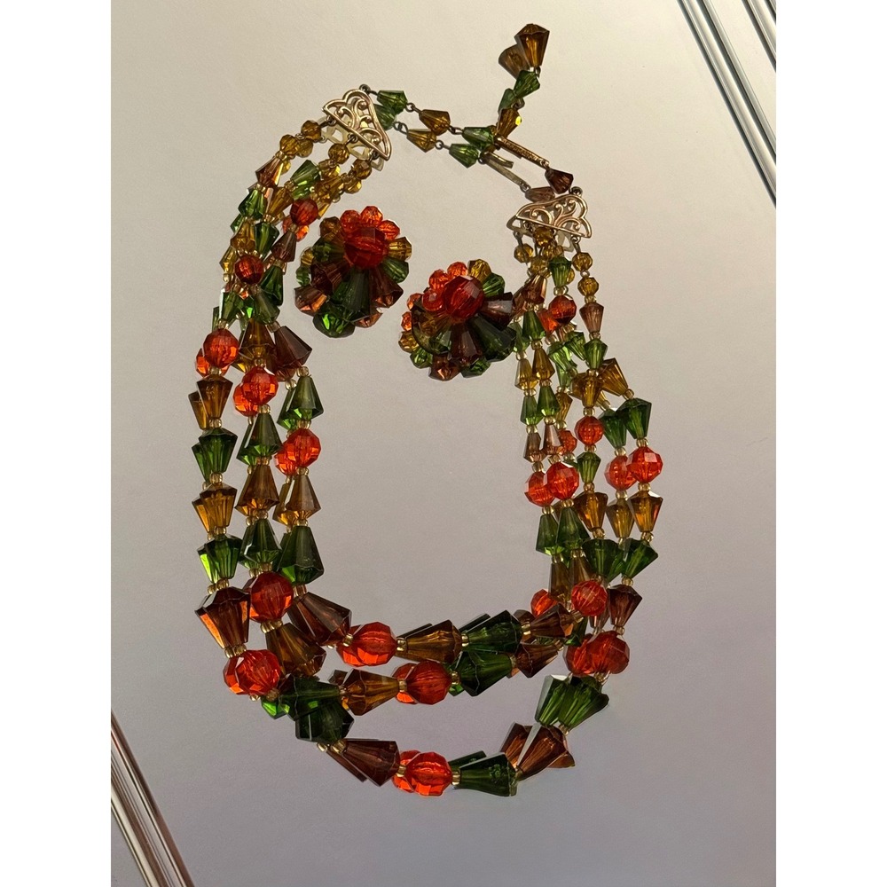 Vintage West Germany Glass Bead Necklace Earring Set Autumn Orange Green Amber